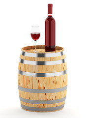 Wine bottle on a wooden barrel isolated