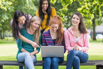Fototapeta na wymiar Cheerful college girls using laptop in park