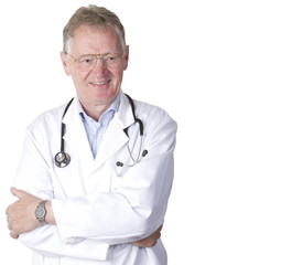 Confident senior doctor isolated on white