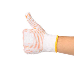 Thumbs up with a white and red garden glove