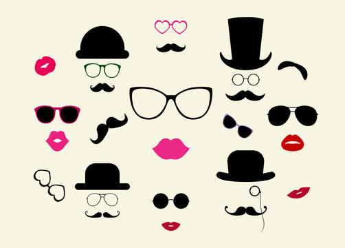 Hats, Moustaches, Eyeglasses, Lips Vector Icon Set