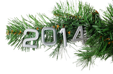 2014 hang on Christmas tree close-up isolated on white