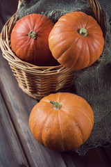 Basket with ripe pumpkins, vertical shot