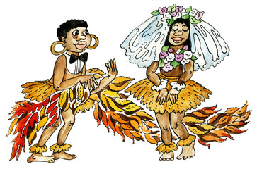 comic illustration of bride and groom