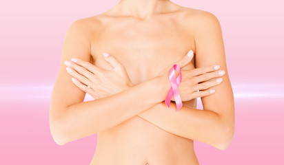 naked woman with breast cancer awareness ribbon