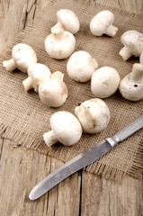 mushroom and a knife on jute