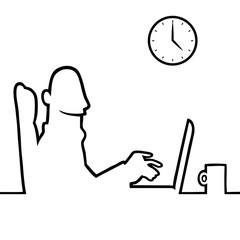 Black line art illustration of a man using a laptop or notebook.