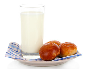 Bread rolls and glass of milk isolated on white