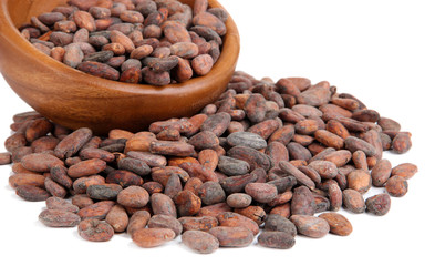 Cocoa beans in bowl, isolated on white