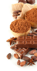 Composition of chocolate sweets, cocoa and spices, isolated