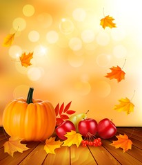 Naklejka na ściany i meble Autumn background with fresh fruit and leaves. Healthy Food. Vec