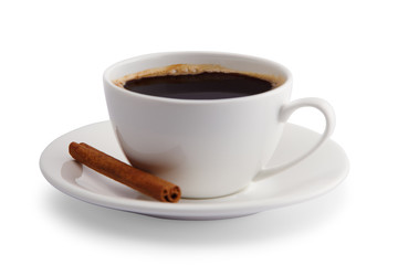 coffee with cinnamon in a white cup on a white background