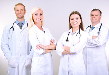 Medical workers on grey background