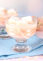 Tasty yogurt with marshmallows, close up