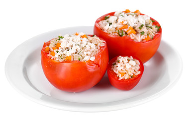 Stuffed tomatoes on plate isolated on white
