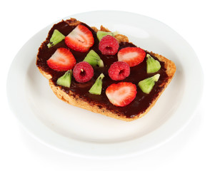 Delicious toast with berries and fruits isolated on white