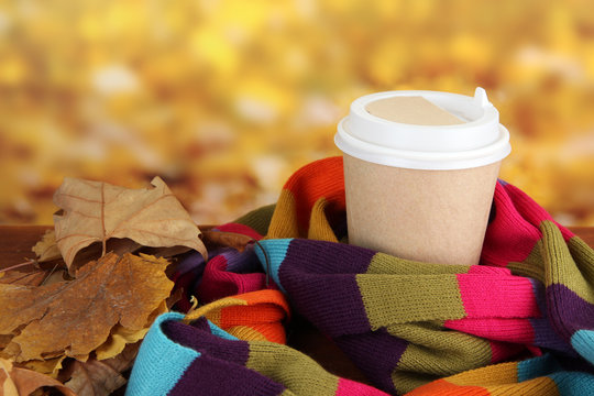 Hot drink in paper cup with color scarf and yellow leaves