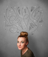 Young woman thinking with arrows over her head