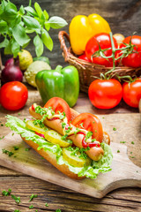 Homemade hot dog with fresh ingredients
