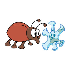 Beetle looks at his reflection in the snowflake