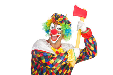 Clown with axe isolated on white