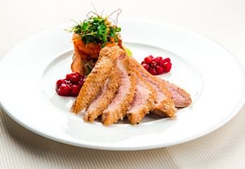 Filet of duck breast served with salad and cranberry sauce