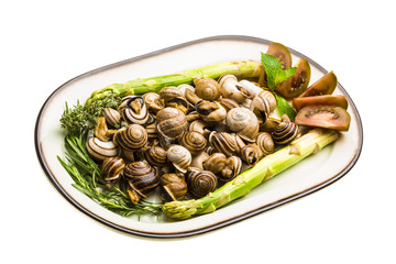 Escargot with asparagus, rosemary, thymus and tomato
