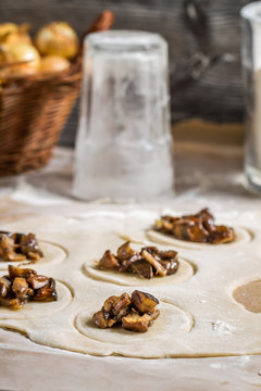 Closeup of dumplings with mushrooms