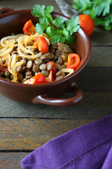 Health lentils with fried onions and tomatoes