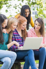 Fototapeta na wymiar Young college girls using laptop in park