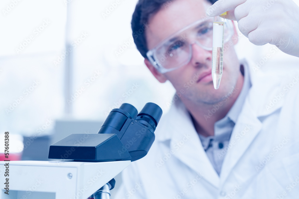 Wall mural scientific researcher looking at test tube while using microscop