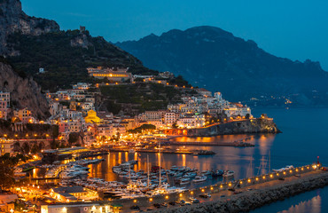 View of the Amalfi city at night, Italy
