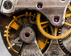 Close up view of old clock's gears