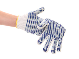 Thin work glove with blue pimple.