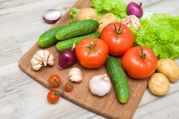 ripe vegetables on a cutting board close up