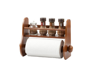 wooden shelf with seasoning bottles and tissue towel dispenser