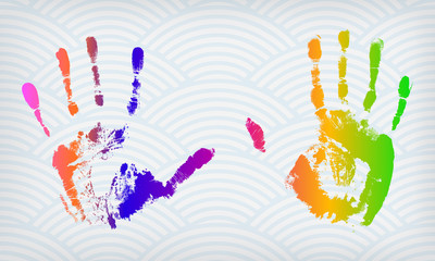 Fototapeta premium Colorful hand imprints on a waved background
