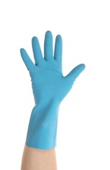 Blue glove on hand shows five.