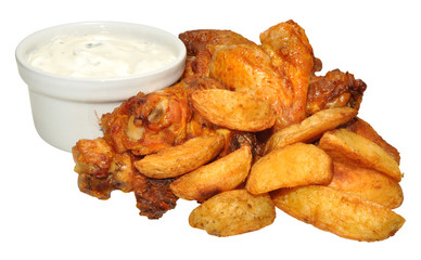 Cooked Chicken Wings And Potato Wedges With Sour Cream Dip