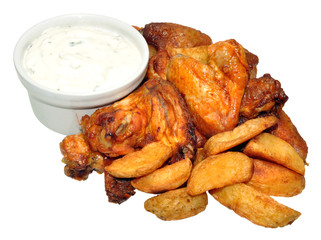 Cooked Chicken Wings And Potato Wedges With Sour Cream Dip