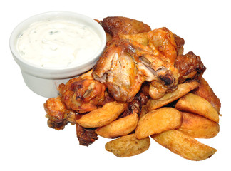 Cooked Chicken Wings And Potato Wedges With Sour Cream Dip