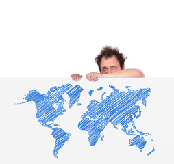 unhappy men and world map