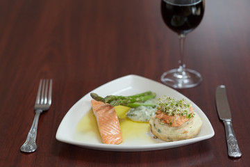 Front view of salmon dish with asparagus