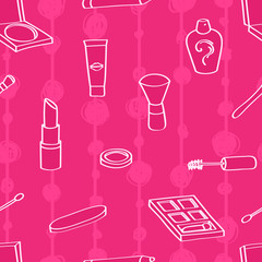 Seamless background tile with outlined cartoon style cosmetics