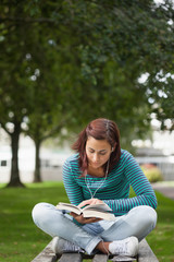 Focused casual student sitting on bench reading