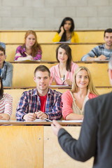 Fototapeta na wymiar Elegant teacher with students at the lecture hall