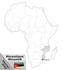 Inselkarte von Mosambik mit Hauptstädten in Grau