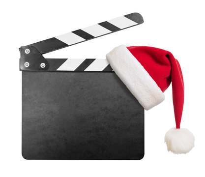 Clapper board with Santa's hat on it isolated on white