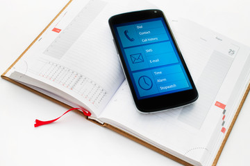 Modern mobile phone with multimedia organizer app.