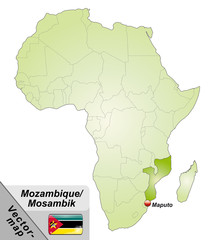 Inselkarte von Mosambik mit Hauptstädten in Grün